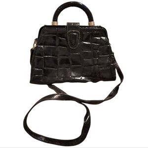 Black Croc-Embossed Mini Satchel with Shoulder Strap